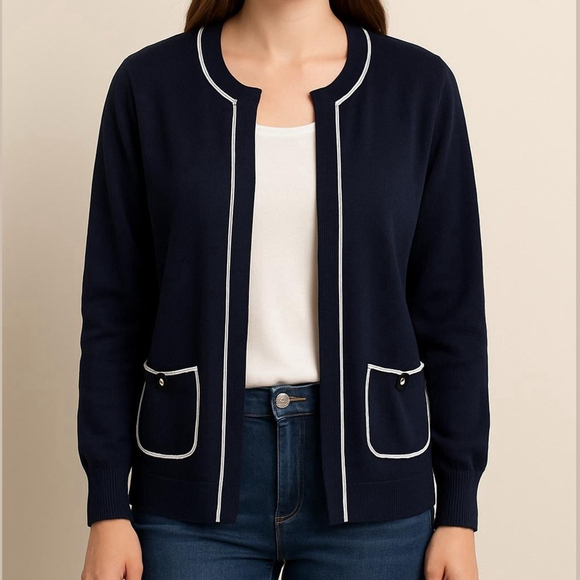 LILLY PULITZER 100% cotton open front Cardigan navy blue White Trim size medium - Picture 1 of 13